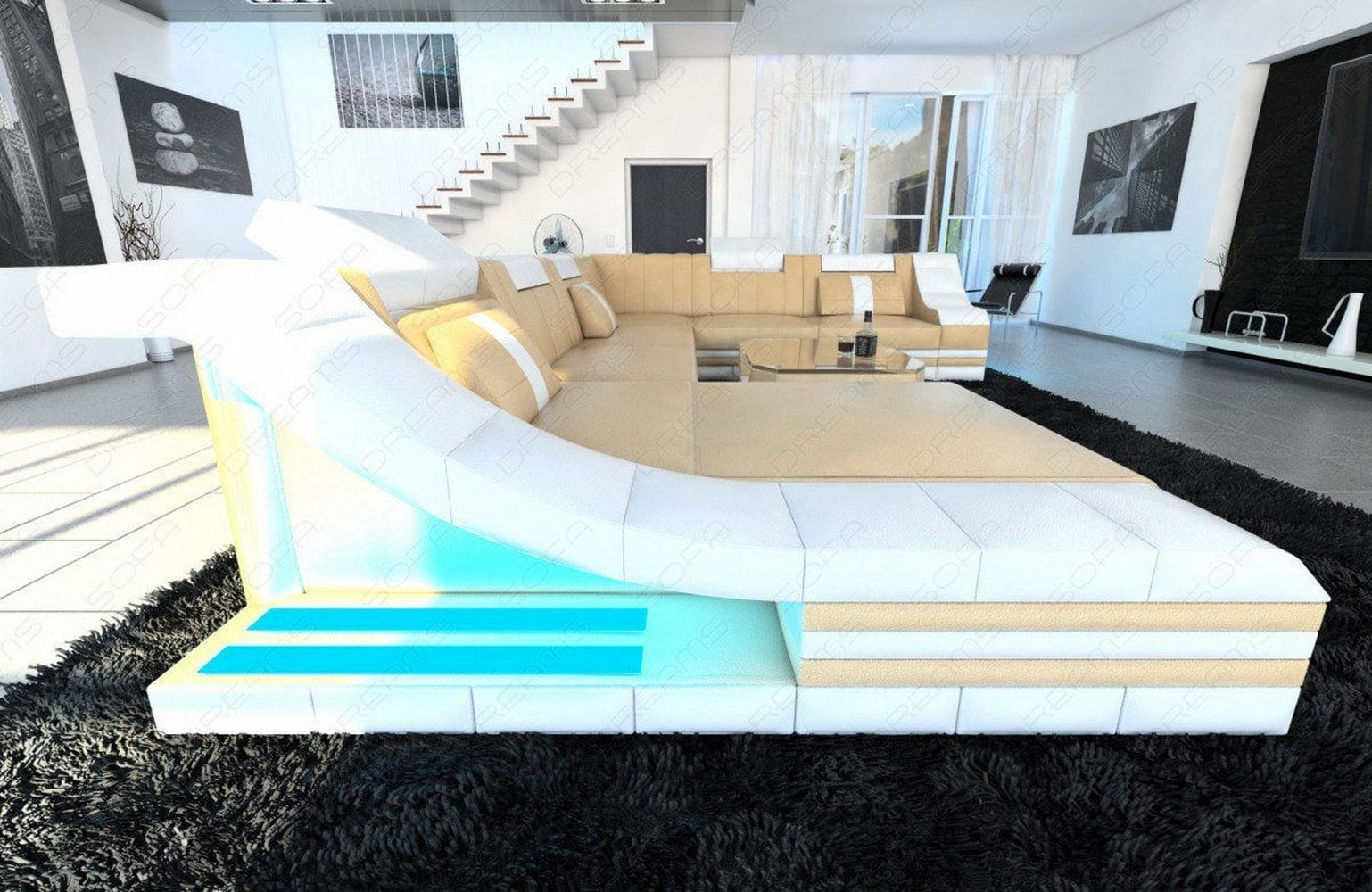 Design Wohnlandschaft Turino XL mit LED sandbeige-weiß
