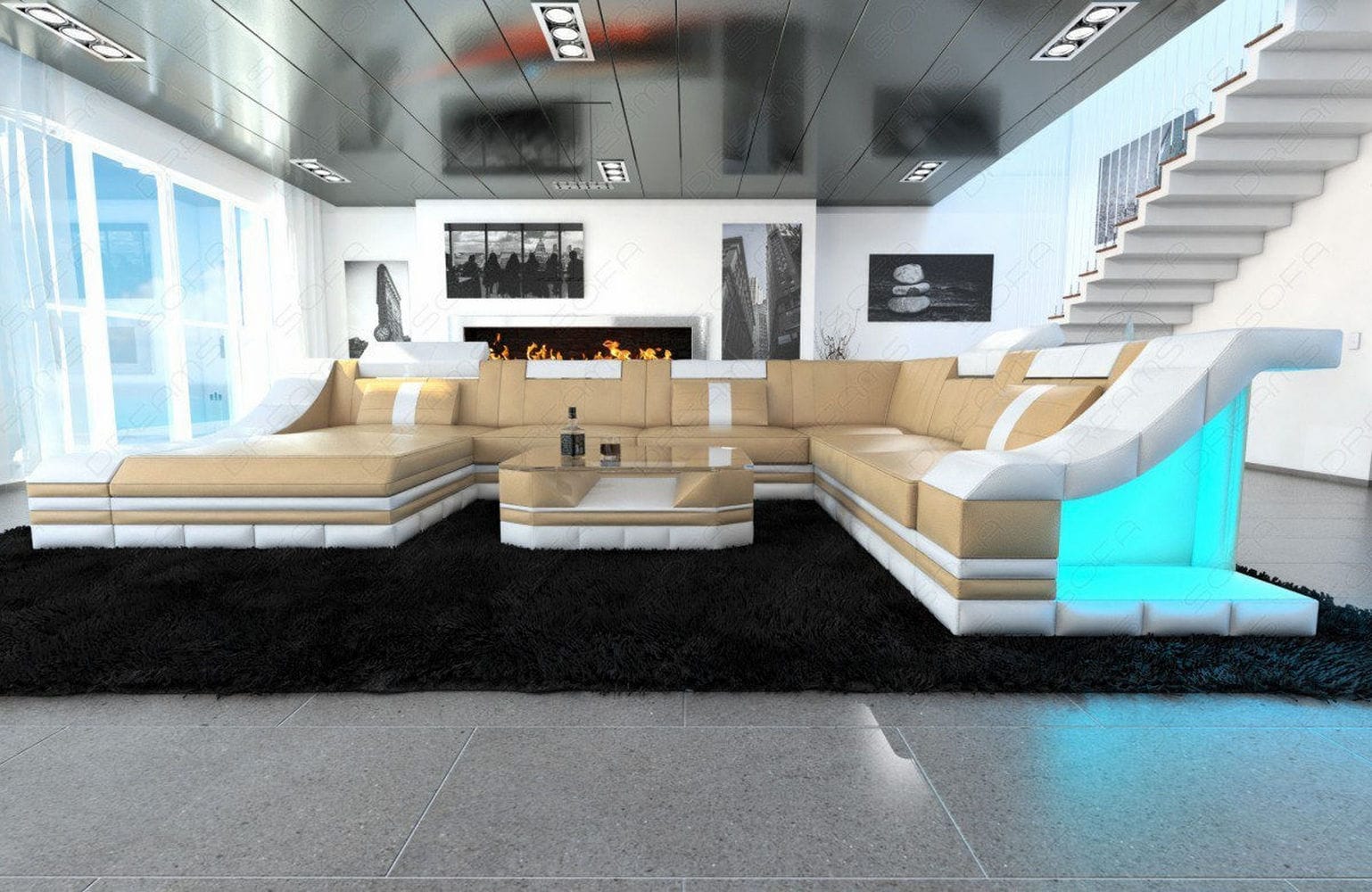 Design Wohnlandschaft Turino XL mit LED sandbeige-weiß