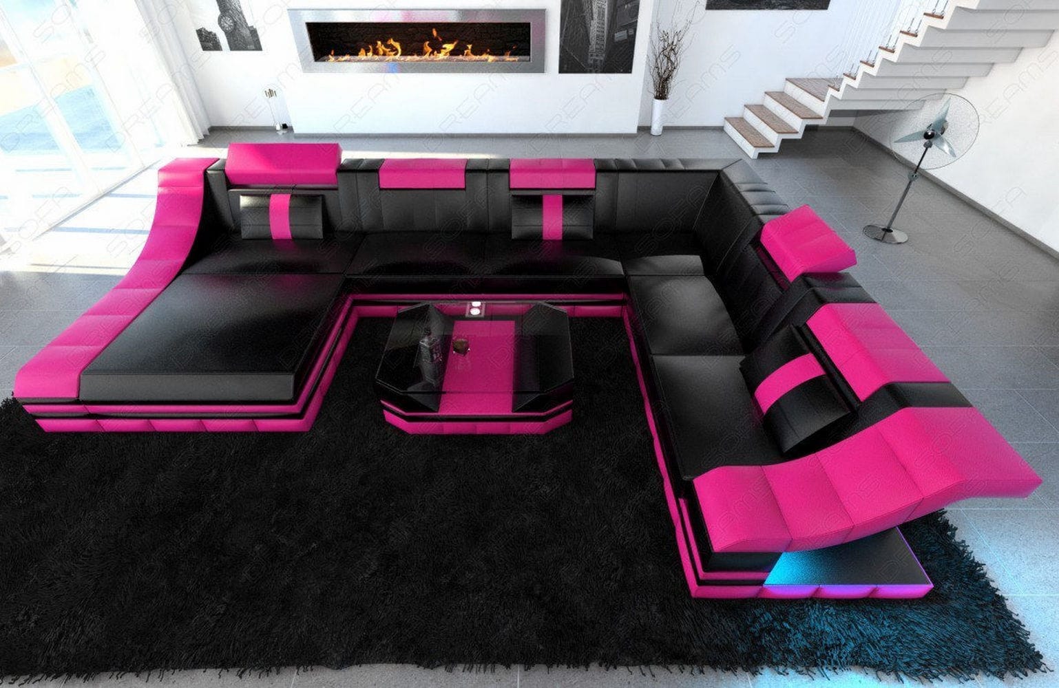 Design Wohnlandschaft Turino XL mit LED schwarz-pink
