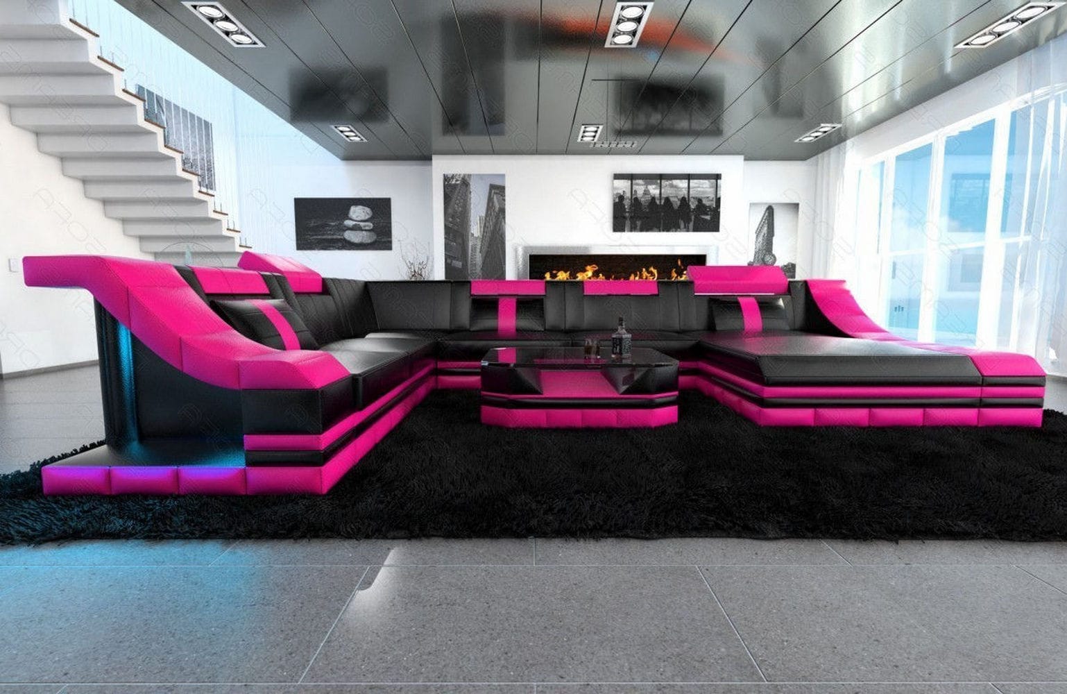 Design Wohnlandschaft Turino XL mit LED schwarz-pink