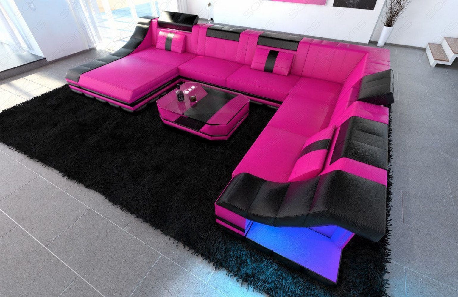 Design Wohnlandschaft Turino XL mit LED pink-schwarz