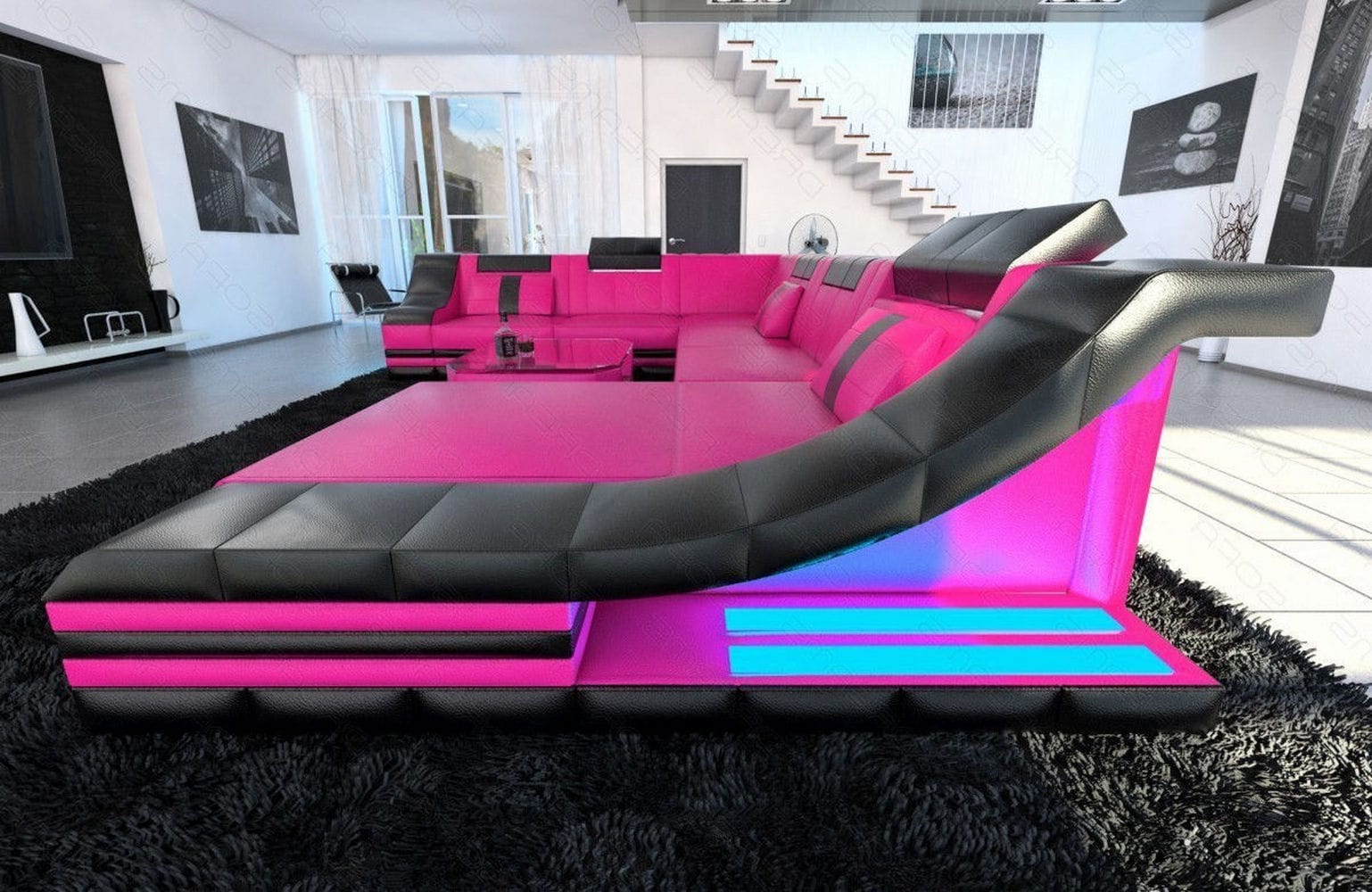 Design Wohnlandschaft Turino XL mit LED pink-schwarz