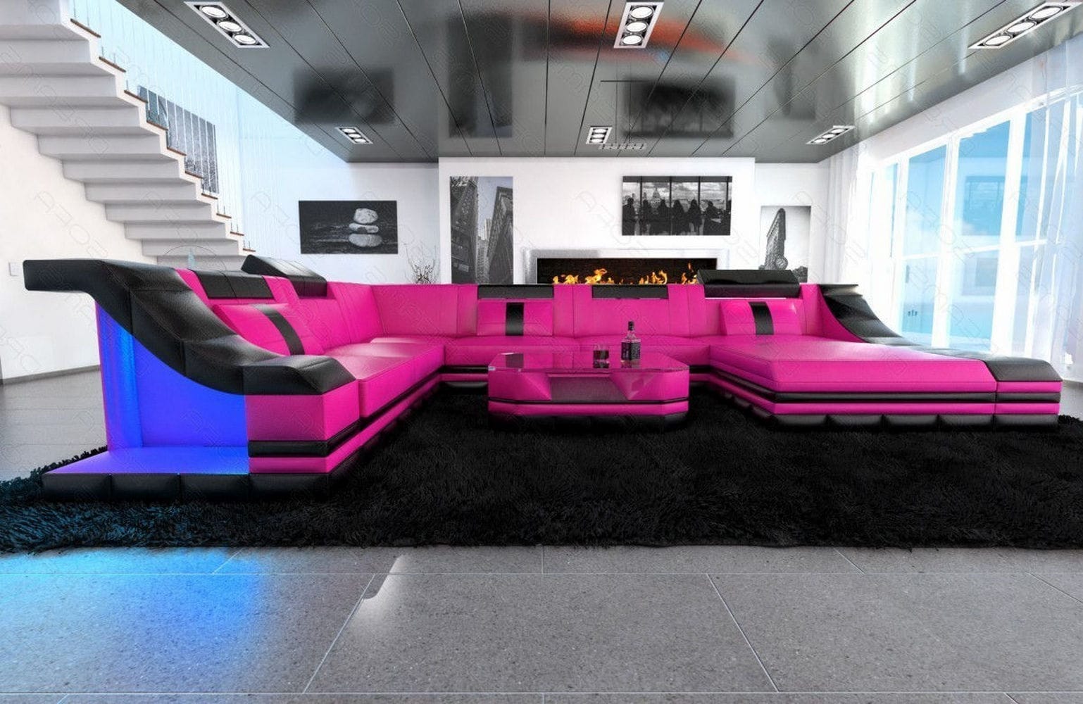 Design Wohnlandschaft Turino XL mit LED pink-schwarz