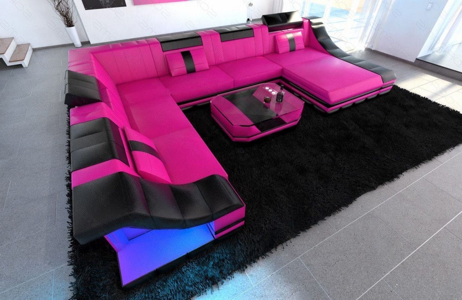 Design Wohnlandschaft Turino XL mit LED pink-schwarz