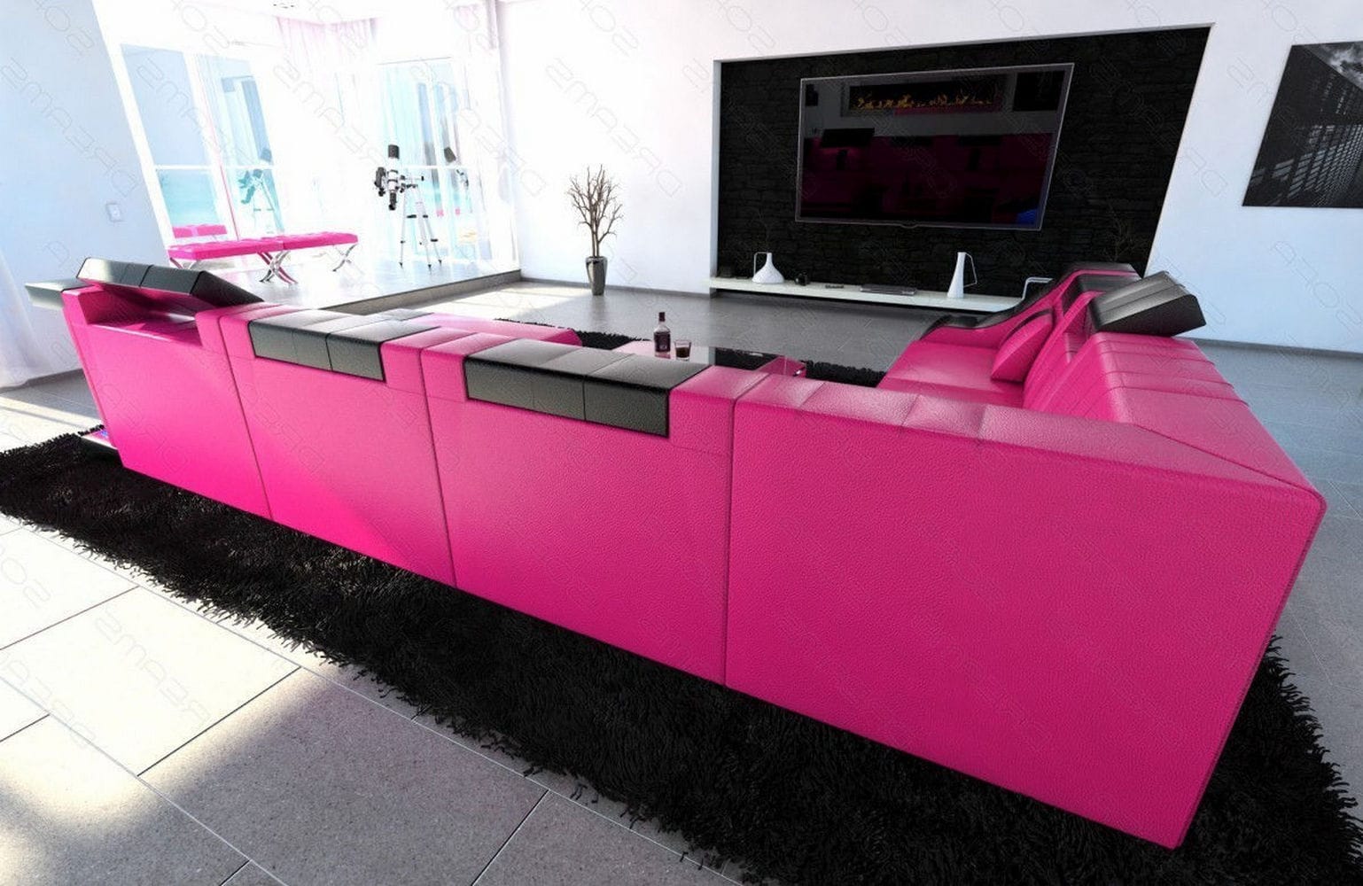 Design Wohnlandschaft Turino XL mit LED pink-schwarz