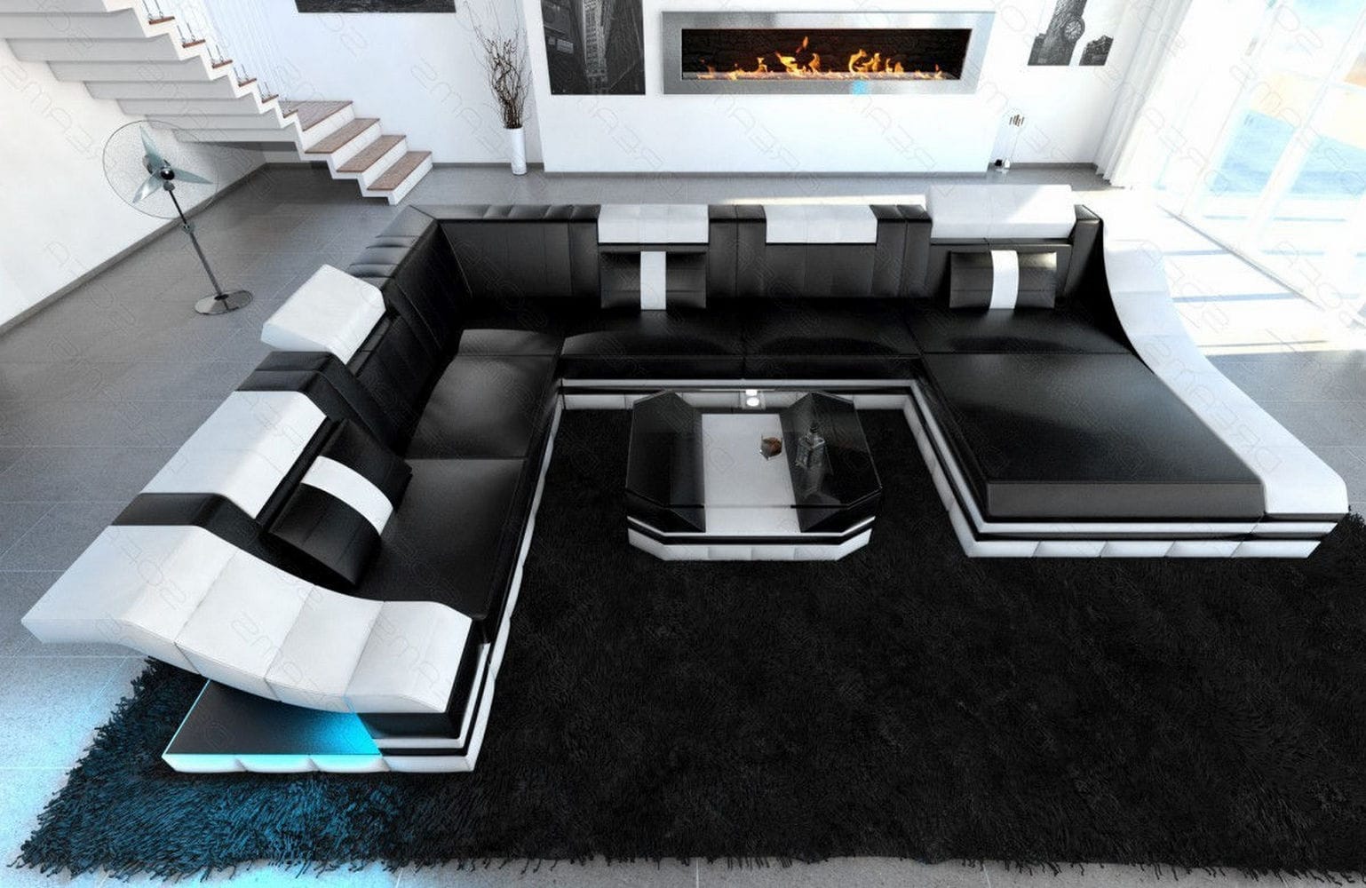 Design Wohnlandschaft Turino XL mit LED schwarz-weiß