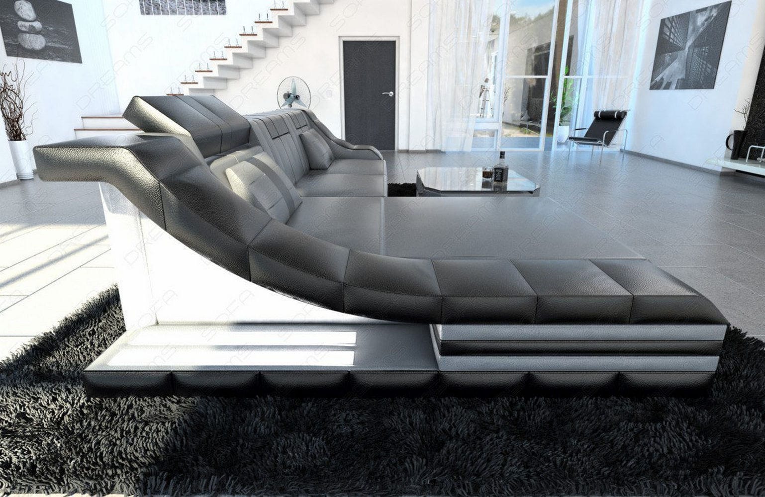 Mini Leder Ecksofa Turino L-Form Grau-Schwarz
