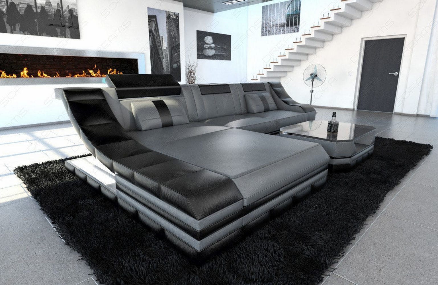 Mini Leder Ecksofa Turino L-Form Grau-Schwarz