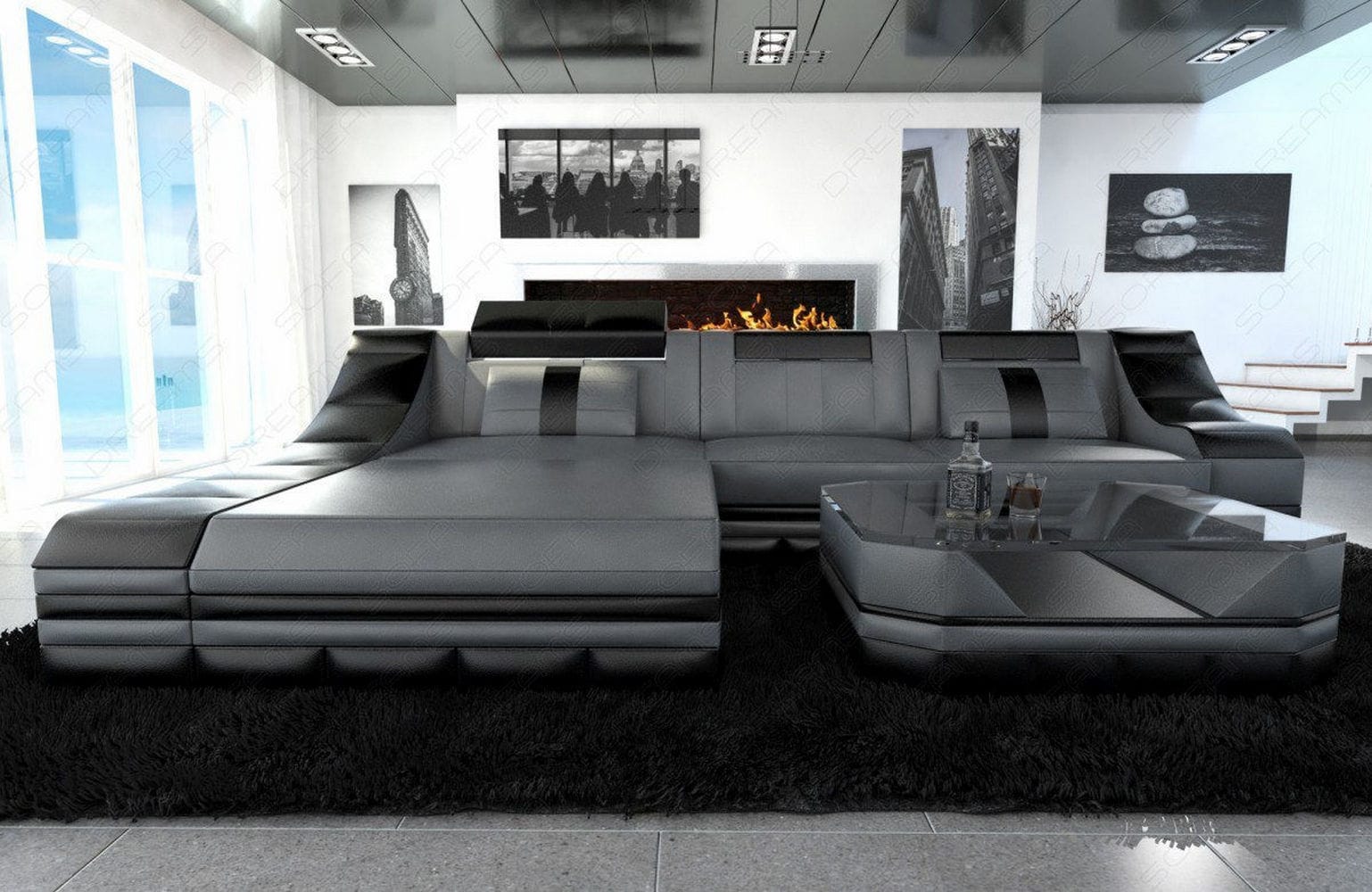 Mini Leder Ecksofa Turino L-Form Grau-Schwarz