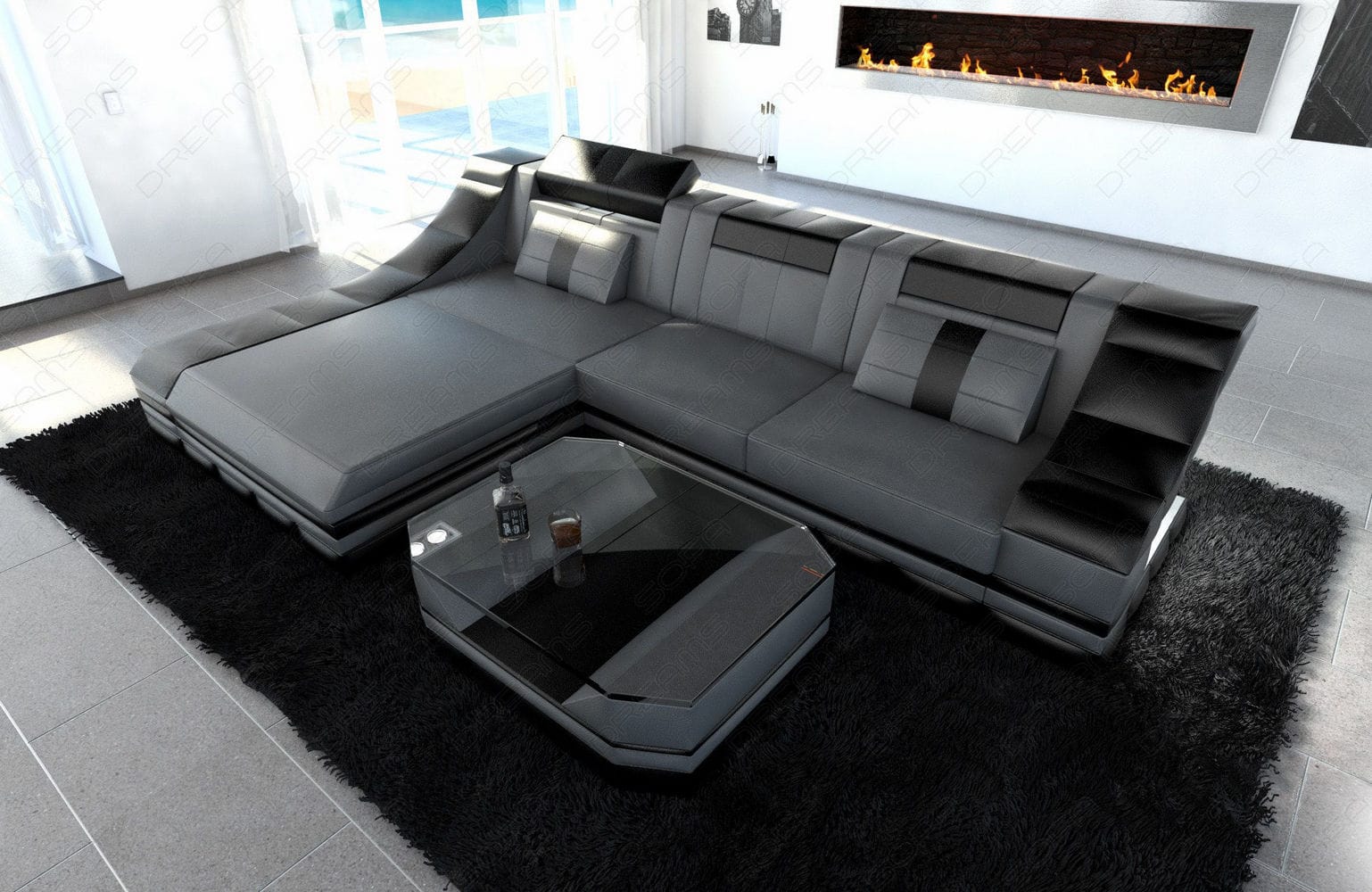 Mini Leder Ecksofa Turino L-Form Grau-Schwarz