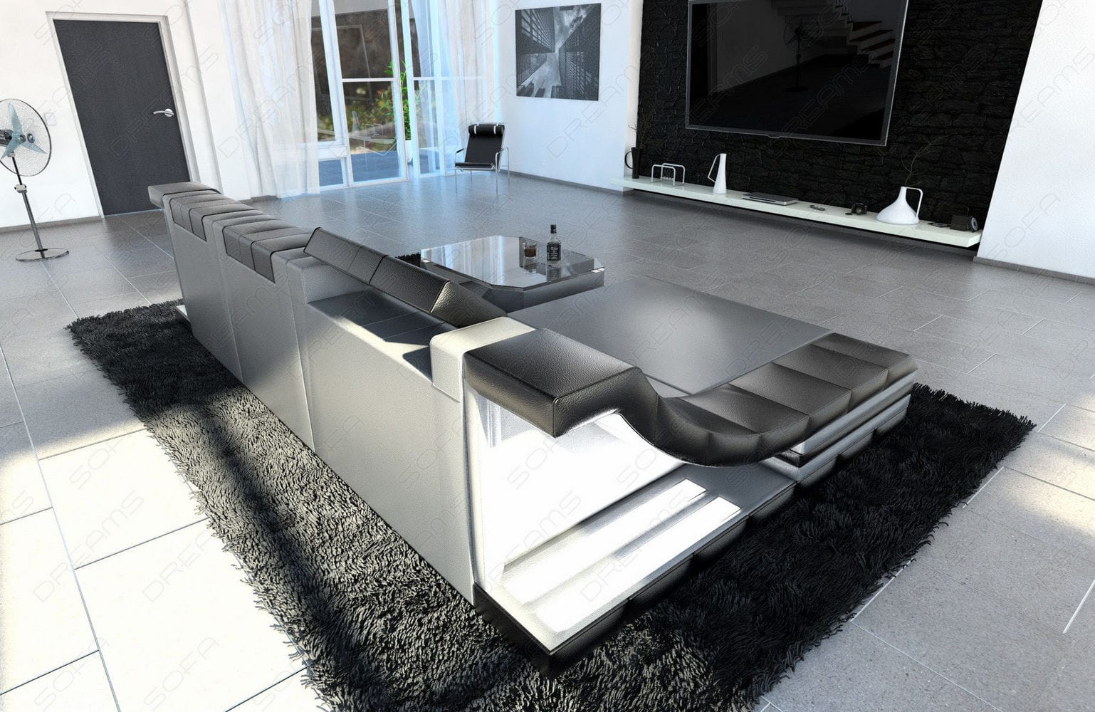 Mini Leder Ecksofa Turino L-Form Grau-Schwarz