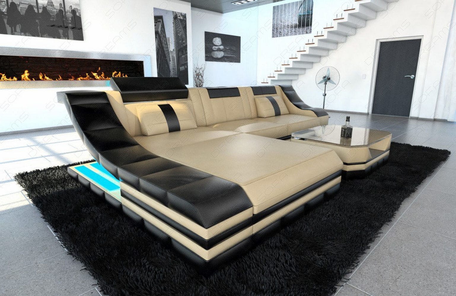 Mini Leder Ecksofa Turino L-Form Sandbeige-Schwarz