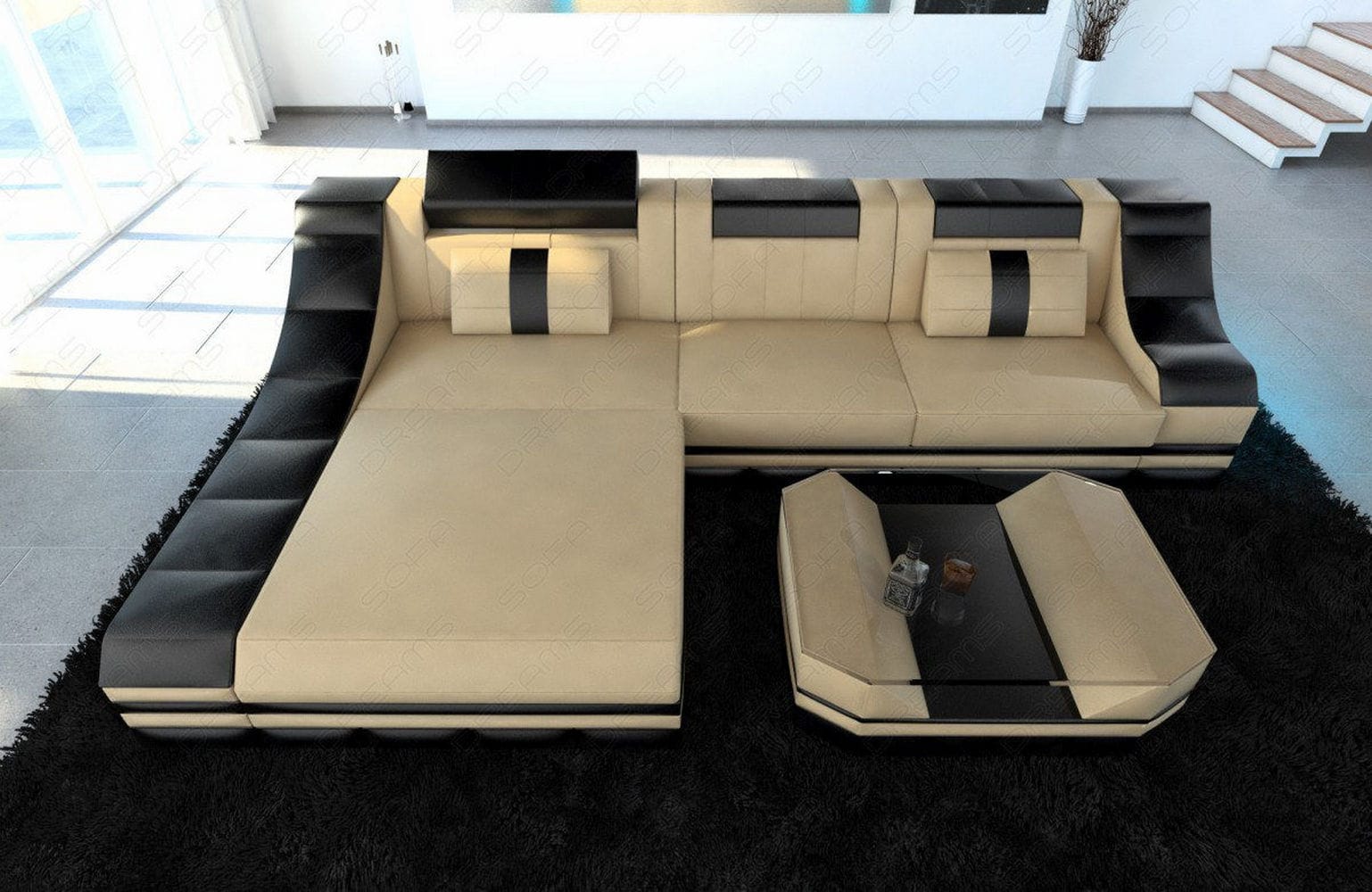 Mini Leder Ecksofa Turino L-Form Sandbeige-Schwarz