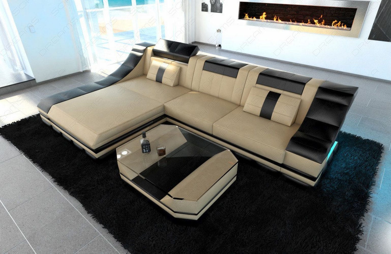 Mini Leder Ecksofa Turino L-Form Sandbeige-Schwarz
