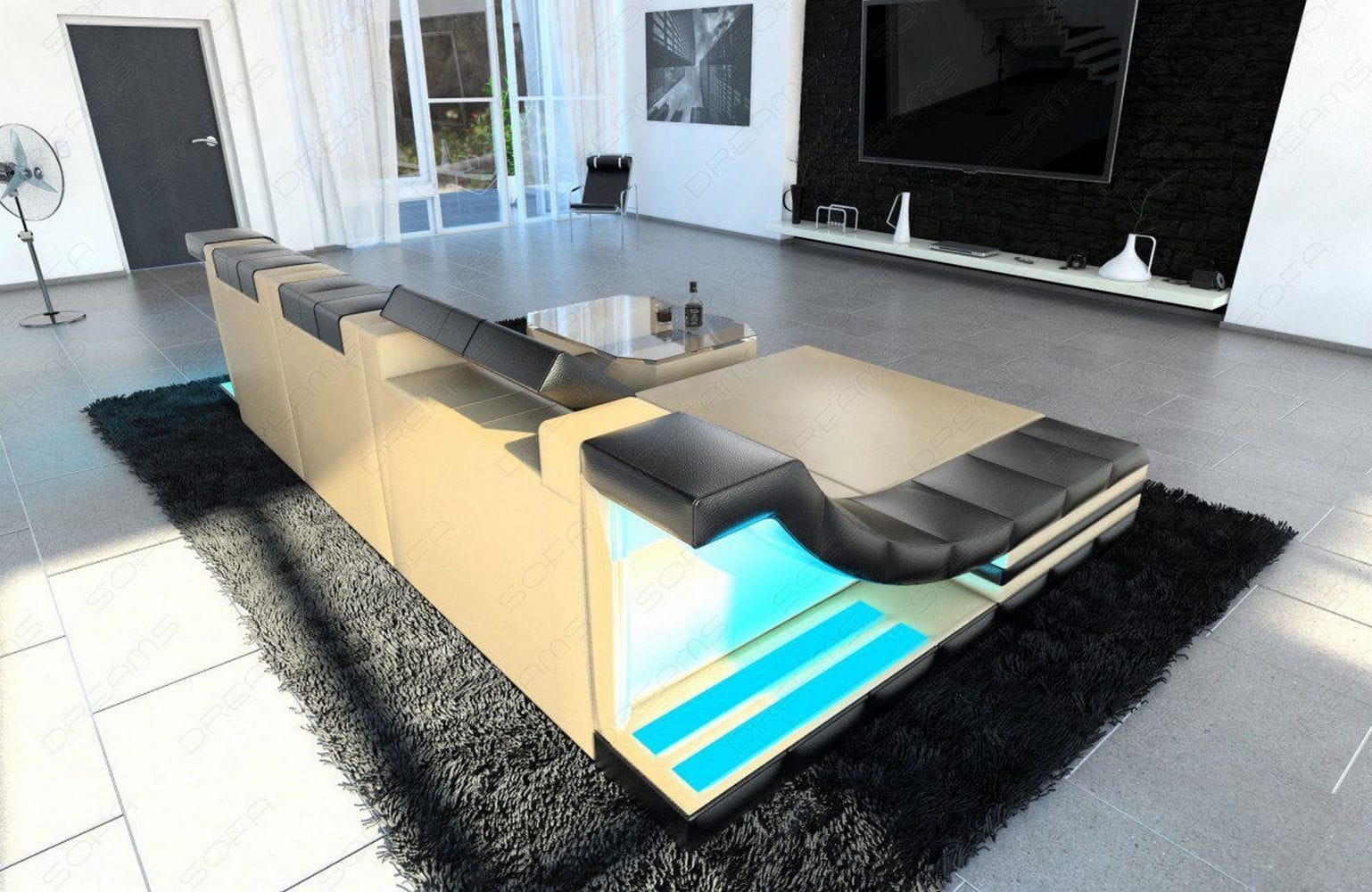 Mini Leder Ecksofa Turino L-Form Sandbeige-Schwarz