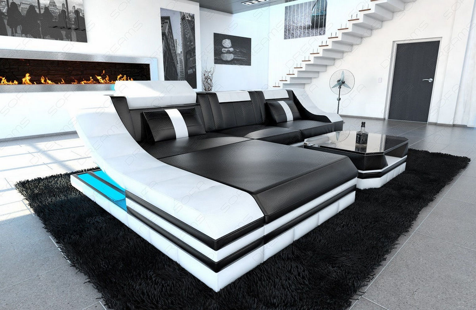 Mini Leder Ecksofa Turino L-Form Schwarz-Weiß