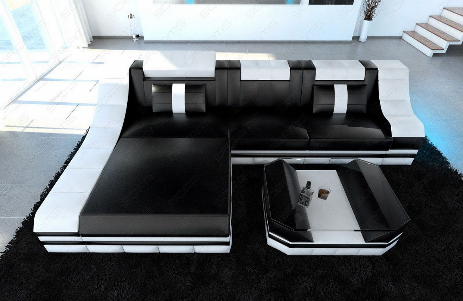 Mini Leder Ecksofa Turino L-Form Schwarz-Weiß