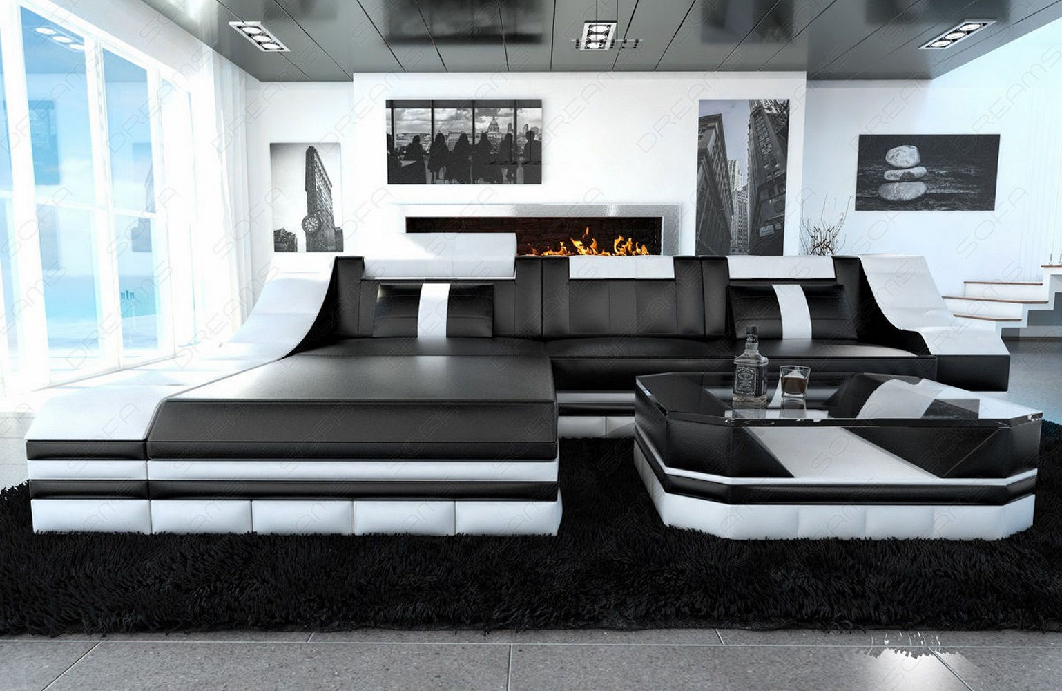 Mini Leder Ecksofa Turino L-Form Schwarz-Weiß