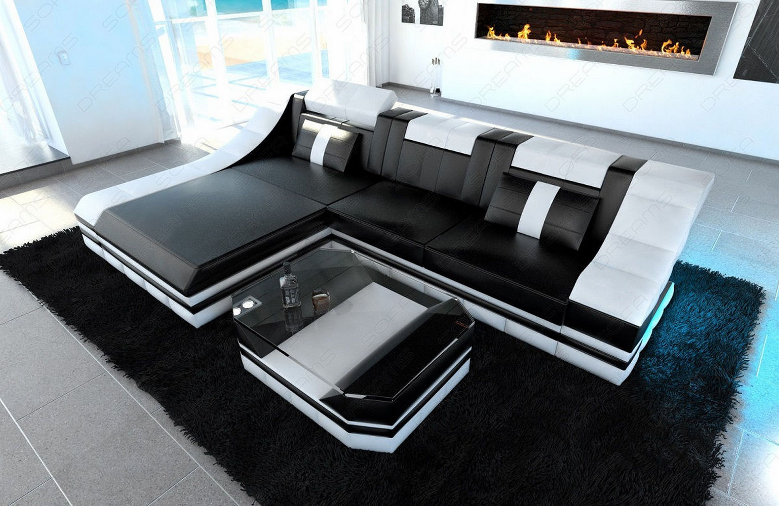 Mini Leder Ecksofa Turino L-Form Schwarz-Weiß