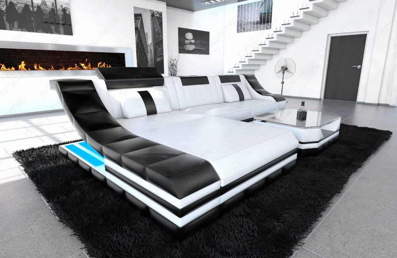 Mini Couch Turino L-Form in Leder Weiß-Schwarz