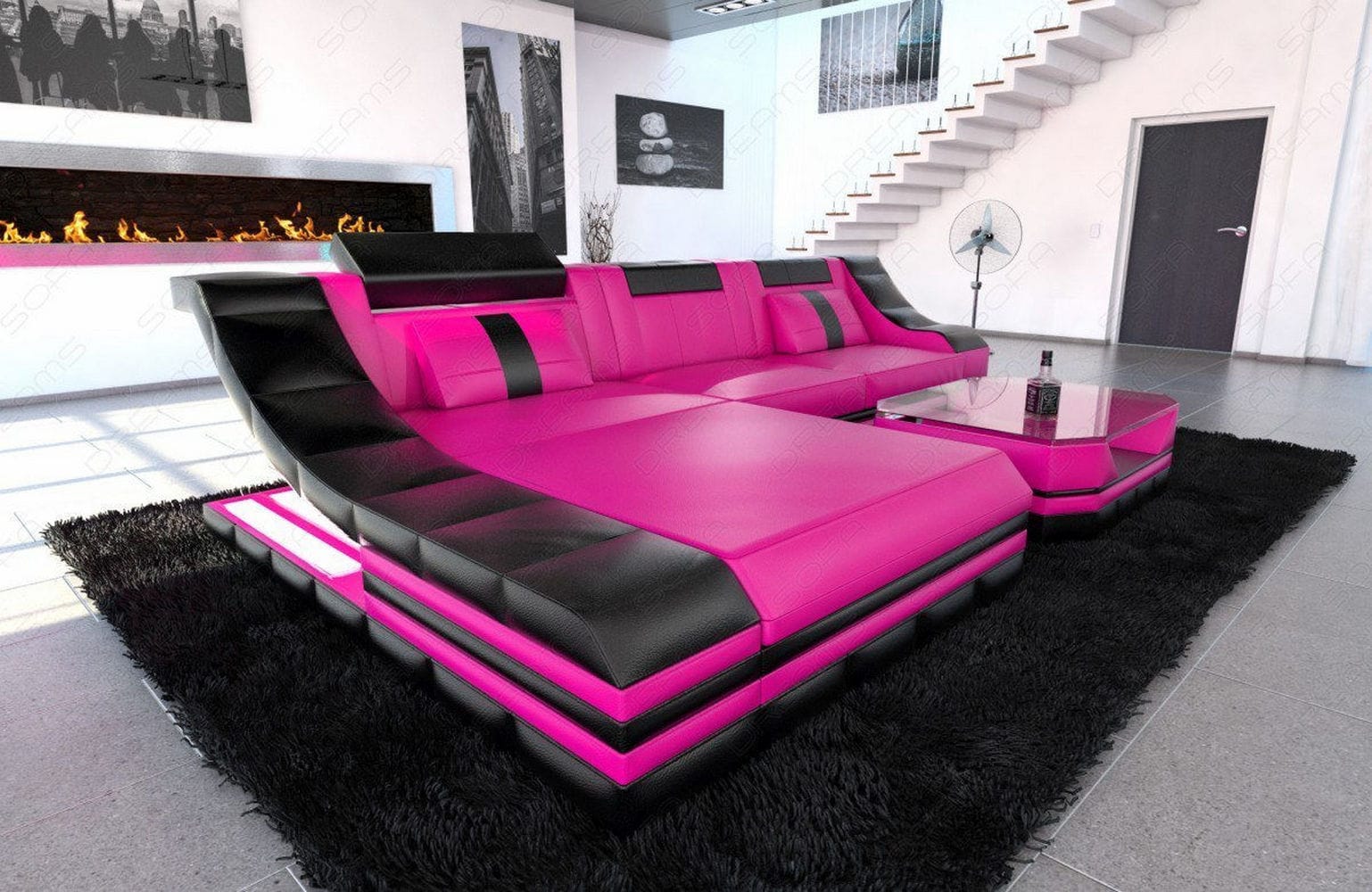 Mini Couch Turino L Form in Leder pink-schwarz