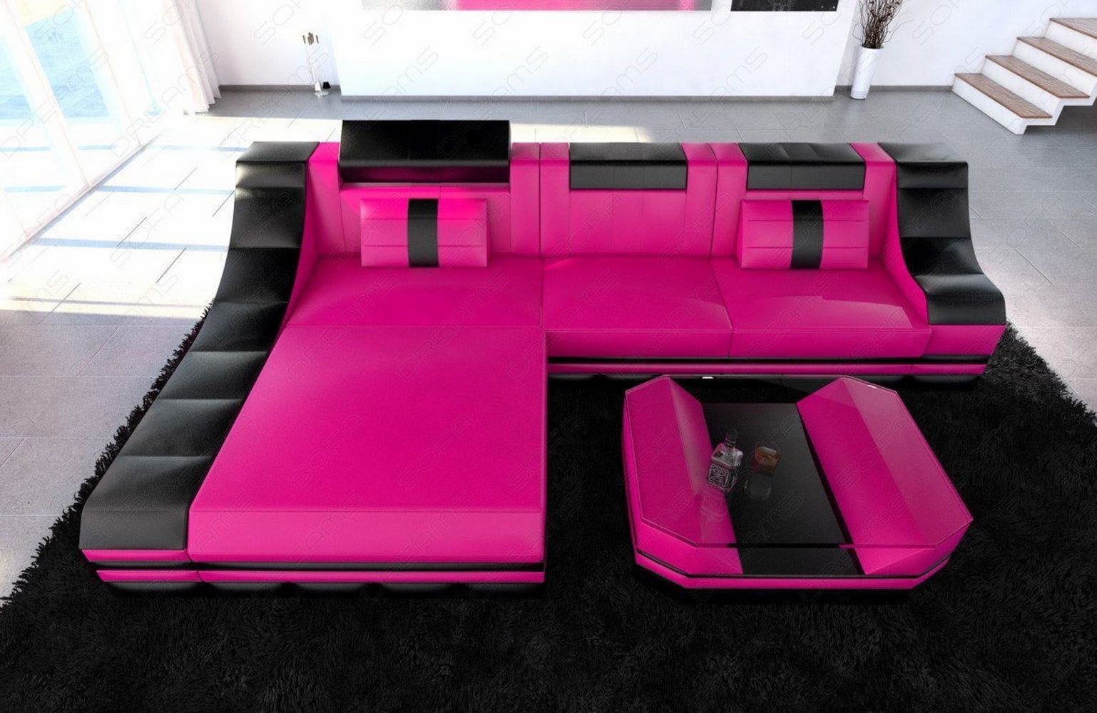 Mini Couch Turino L Form in Leder pink-schwarz