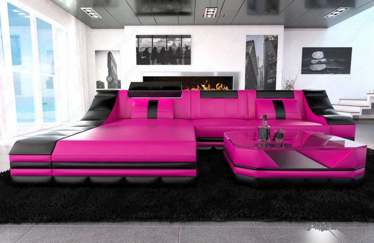 Mini Couch Turino L Form in Leder pink-schwarz