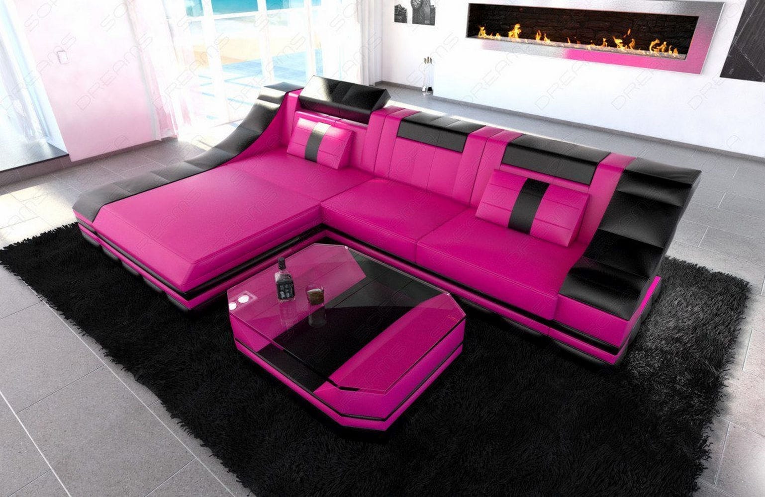 Mini Couch Turino L Form in Leder pink-schwarz