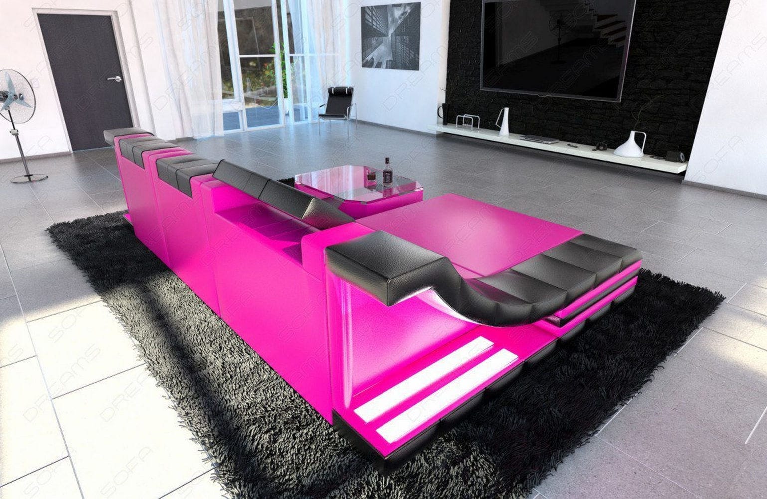 Mini Couch Turino L Form in Leder pink-schwarz