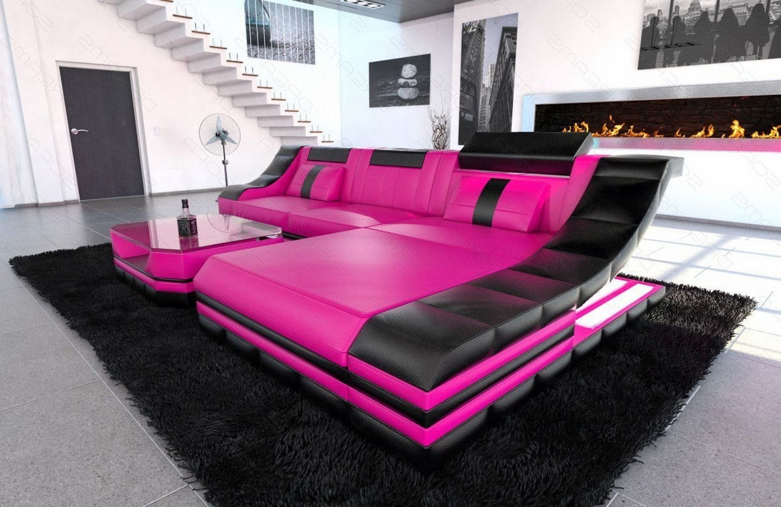 Mini Couch Turino L Form in Leder pink-schwarz
