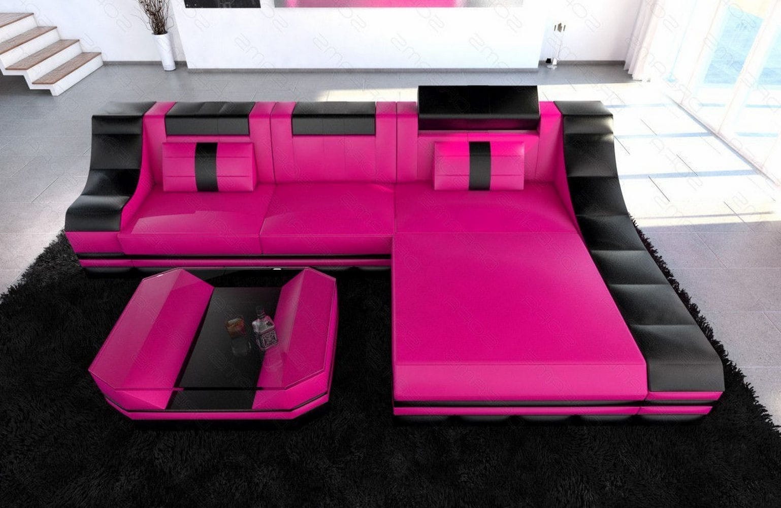 Mini Couch Turino L Form in Leder pink-schwarz