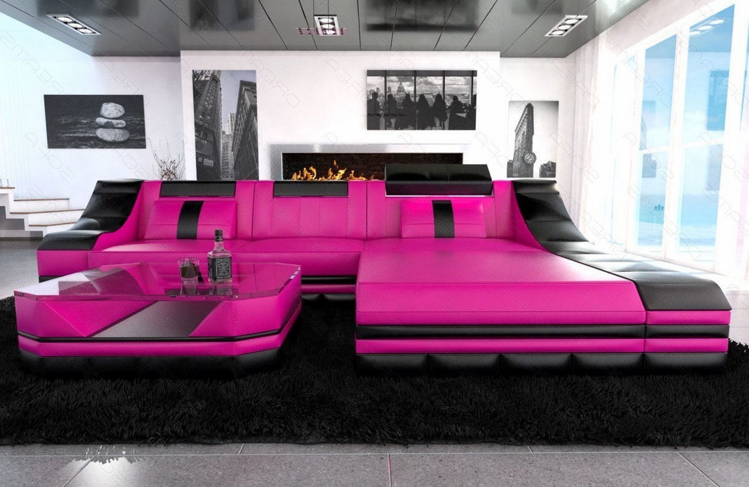 Mini Couch Turino L Form in Leder pink-schwarz