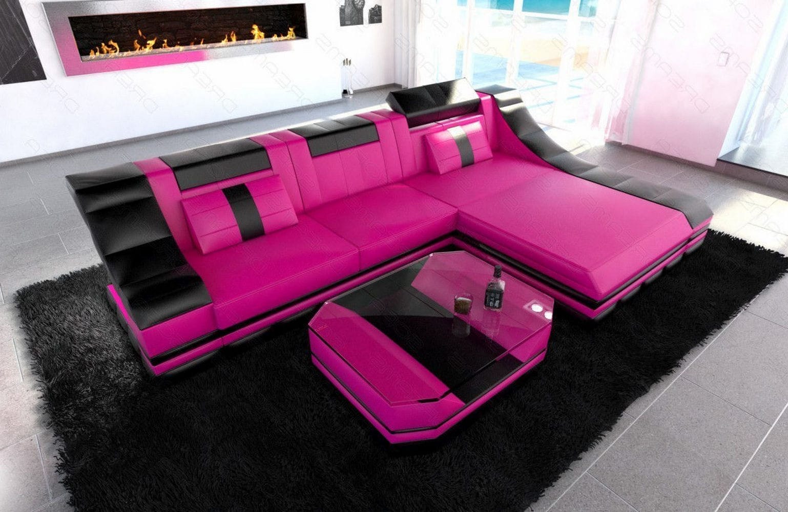 Mini Couch Turino L Form in Leder pink-schwarz