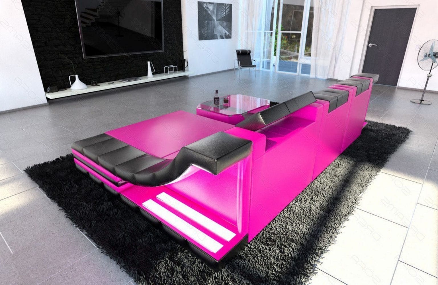 Mini Couch Turino L Form in Leder pink-schwarz