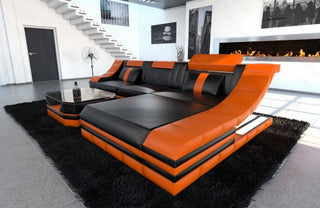 Mini Couch Turino L-Form in Leder Schwarz-Orange