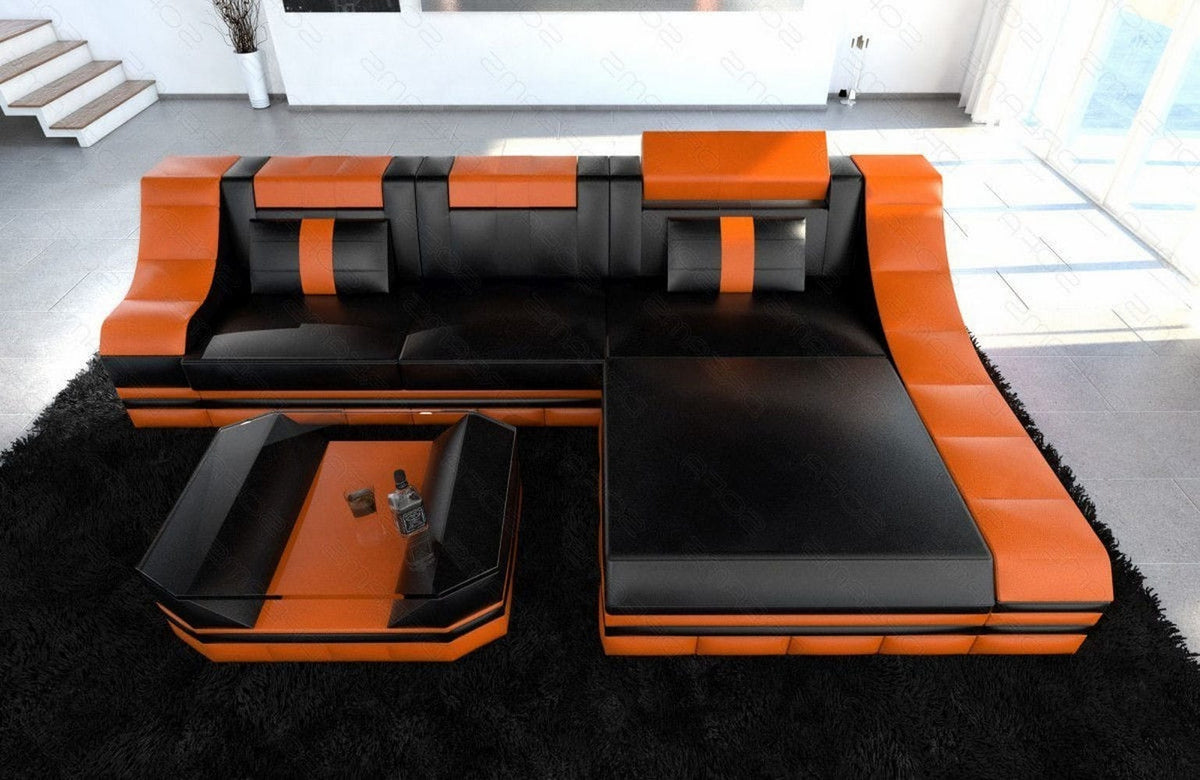Mini Couch Turino L-Form in Leder Schwarz-Orange