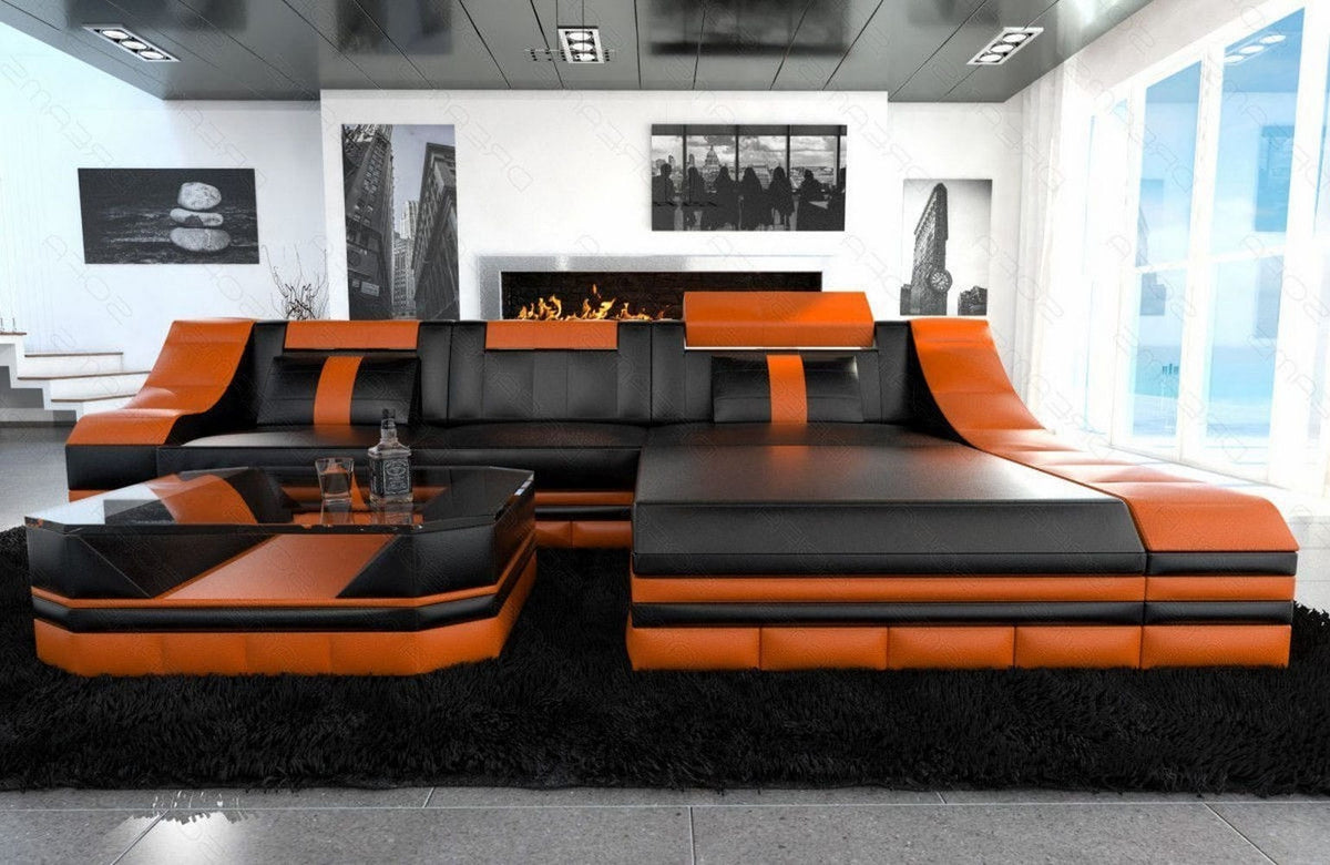 Mini Couch Turino L-Form in Leder Schwarz-Orange