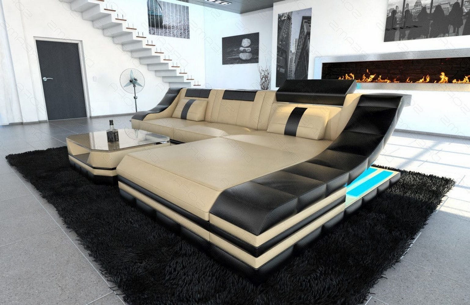 Ledersofa Turino L-Form mit LED sandbeige-schwarz