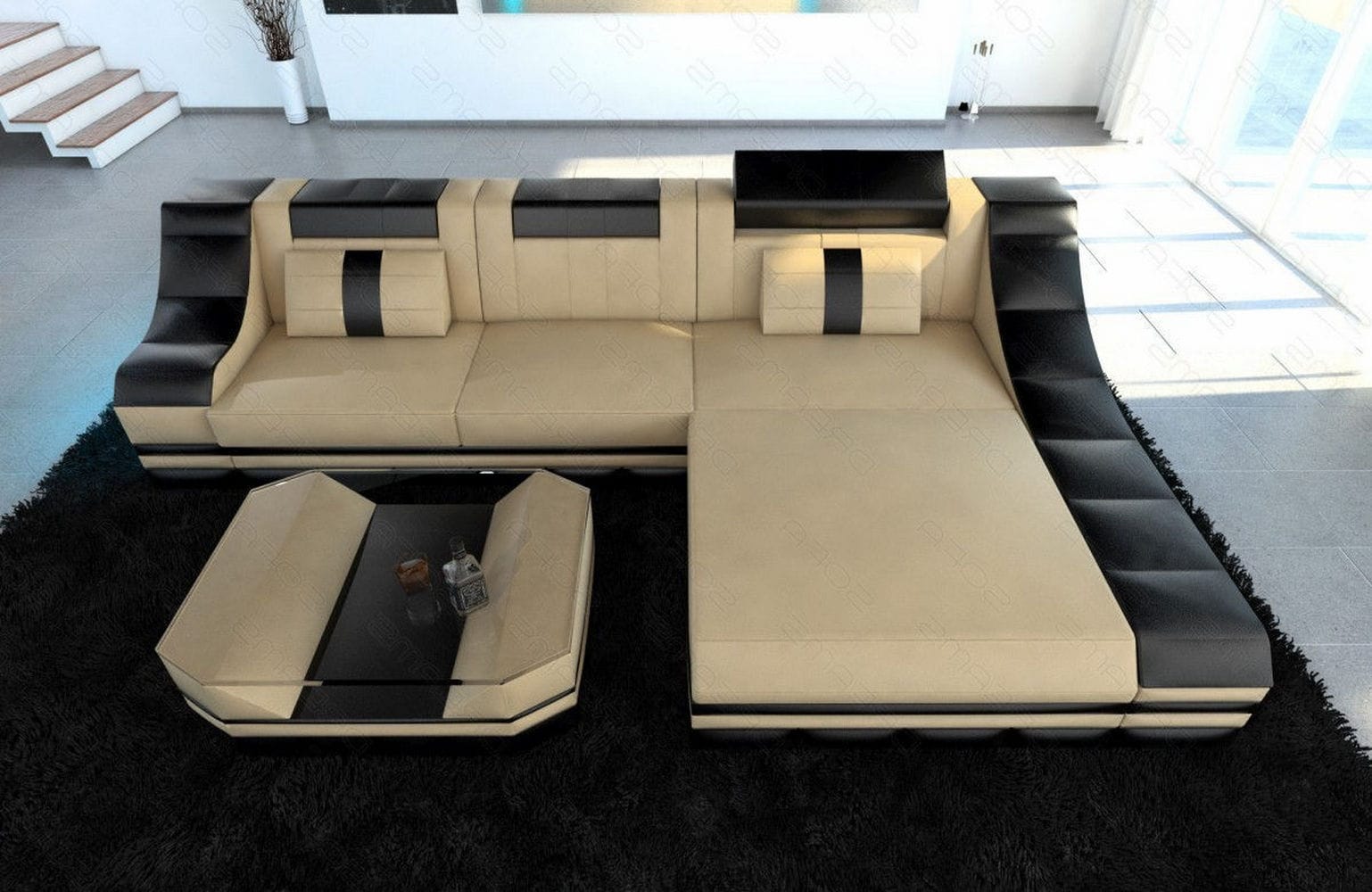 Ledersofa Turino L-Form mit LED sandbeige-schwarz