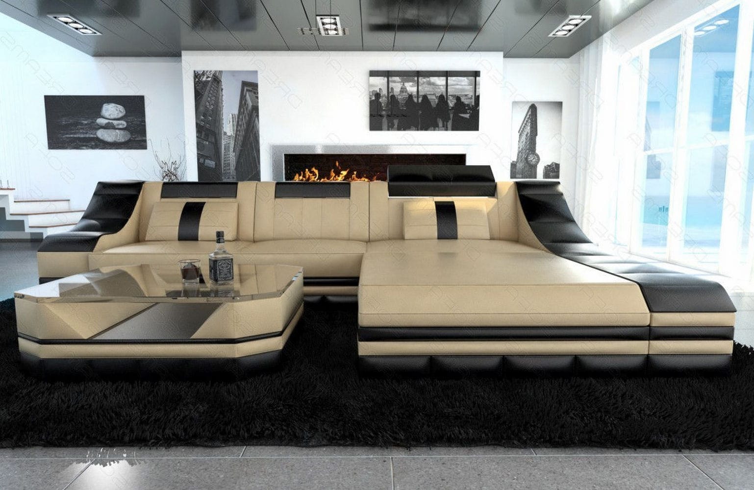 Ledersofa Turino L-Form mit LED sandbeige-schwarz