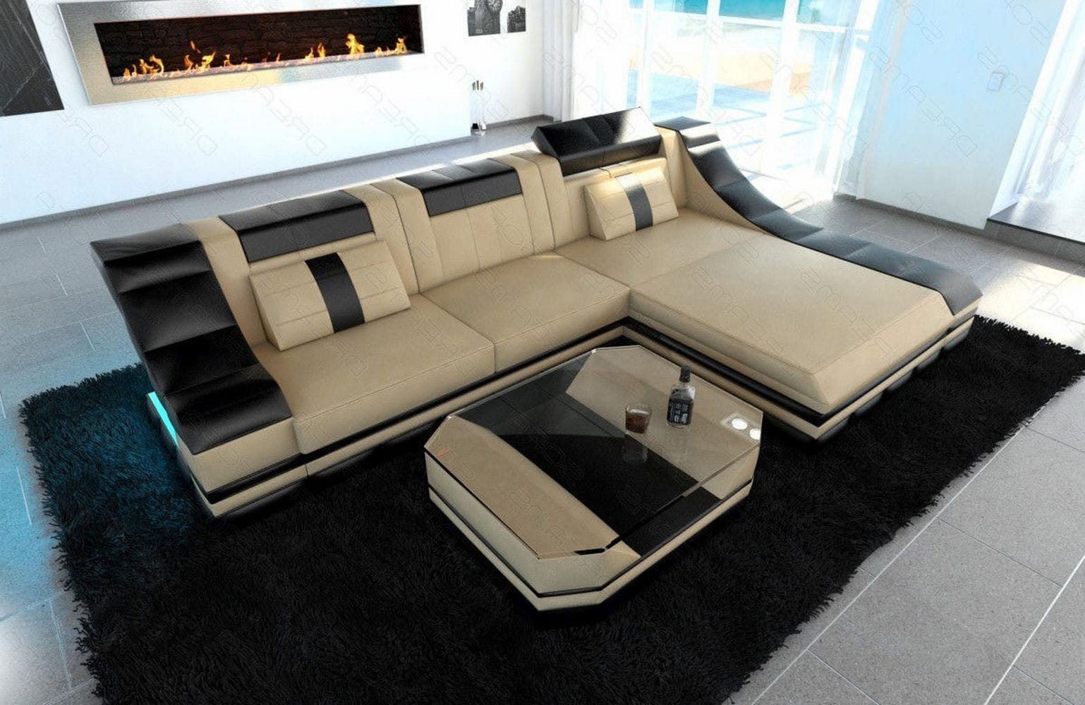 Ledersofa Turino L-Form mit LED sandbeige-schwarz