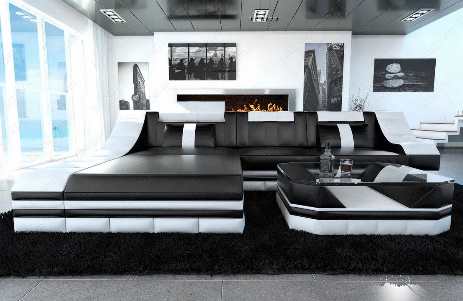 Couch Turino L-Form in Leder schwarz-weiß