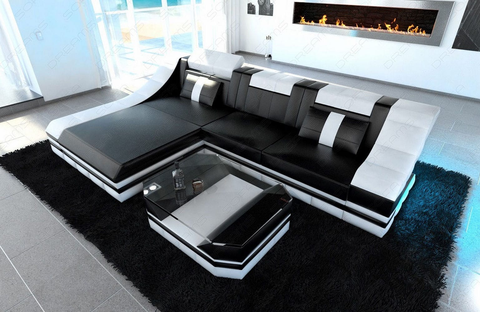 Couch Turino L-Form in Leder schwarz-weiß