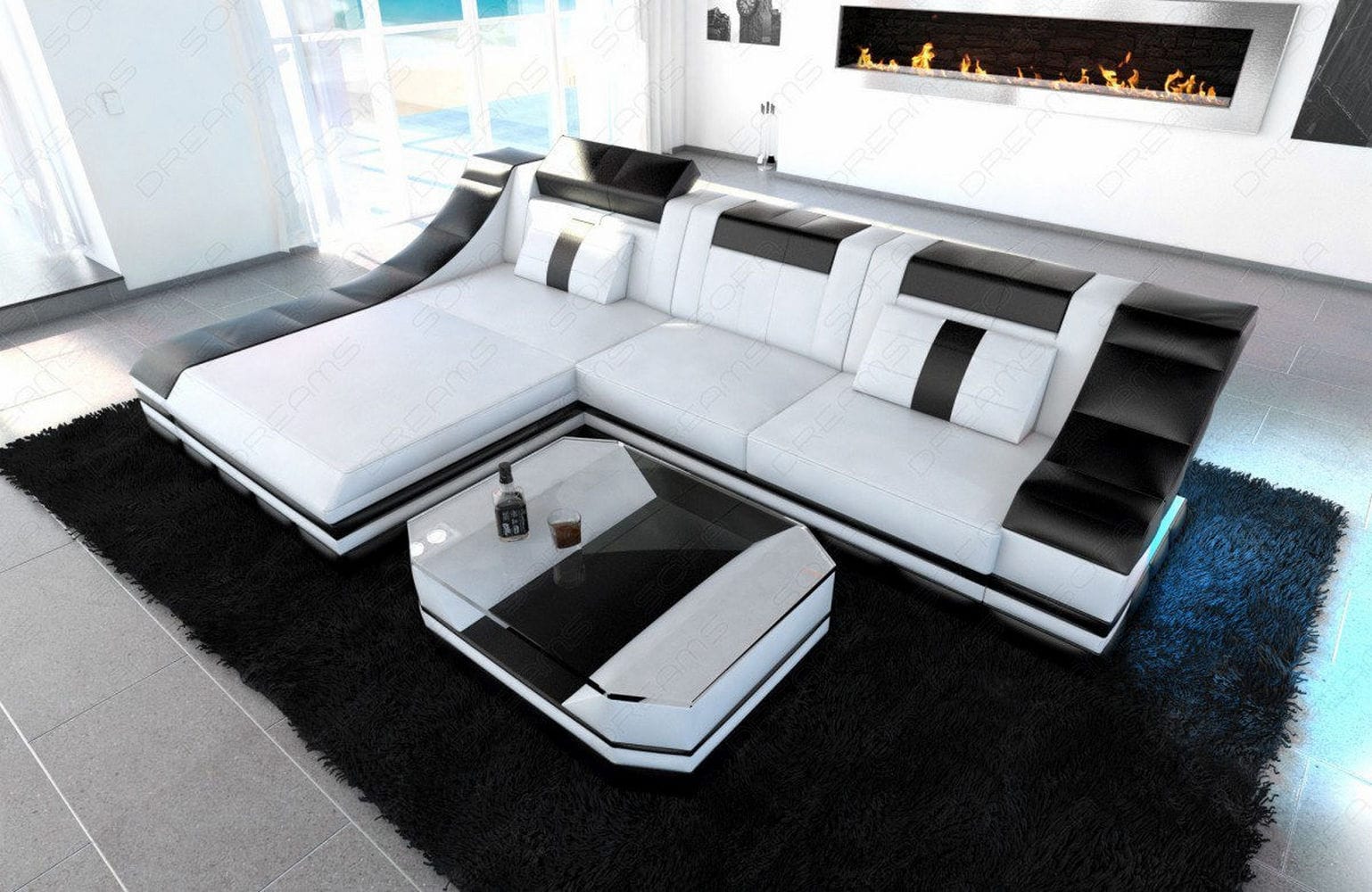 Couch Turino L Form in Leder weiß-schwarz