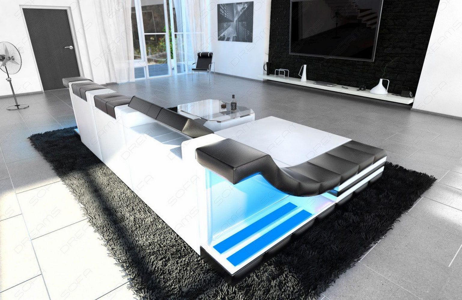 Couch Turino L Form in Leder weiß-schwarz