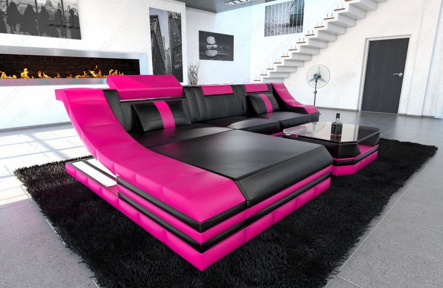 Ledersofa Turino L-Form mit LED schwarz-pink