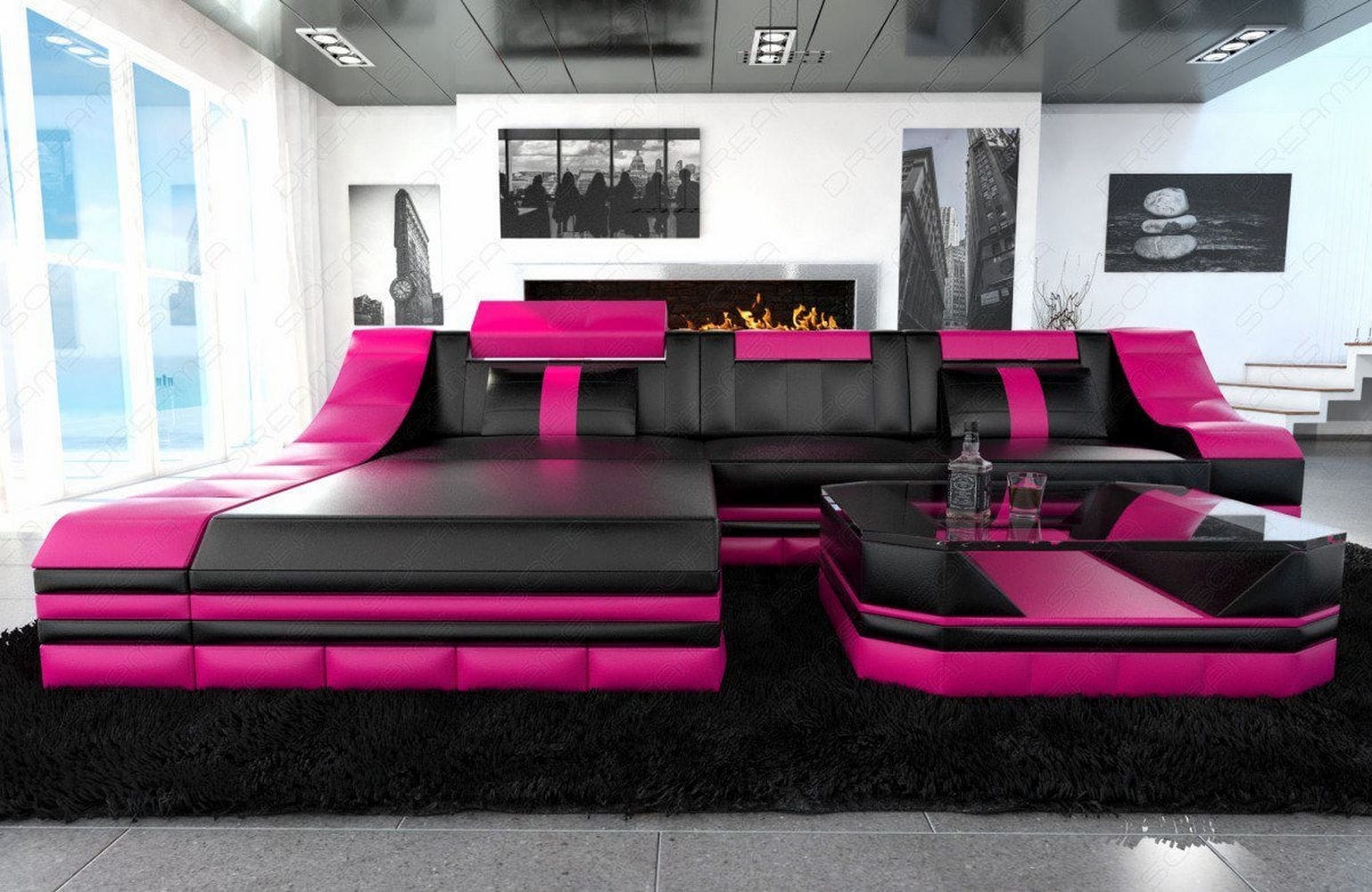 Ledersofa Turino L-Form mit LED schwarz-pink