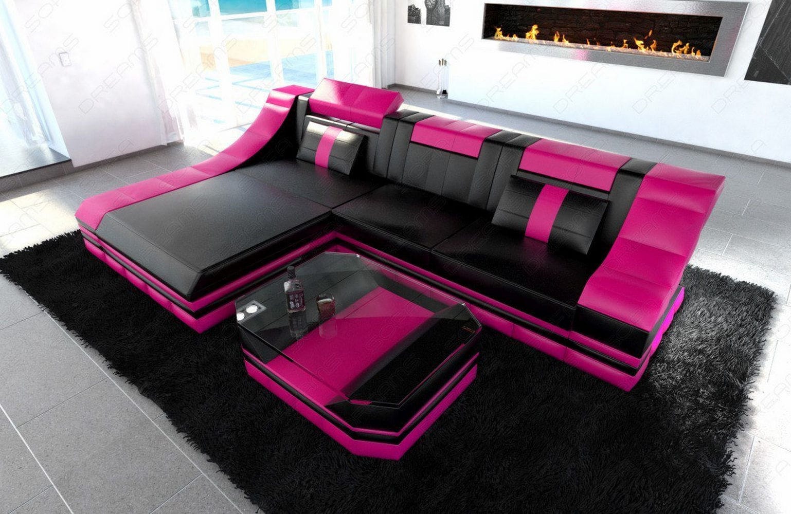 Ledersofa Turino L-Form mit LED schwarz-pink