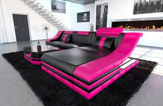 Couch Turino L-Form in Leder schwarz-pink