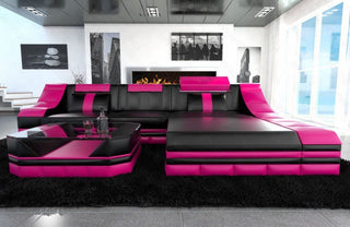 Couch Turino L-Form in Leder schwarz-pink